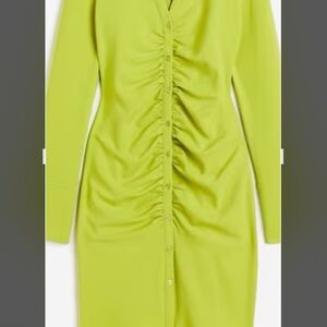 H&M Green Ruched Bodycon Mini Dress V-Neck Long Sleeve
